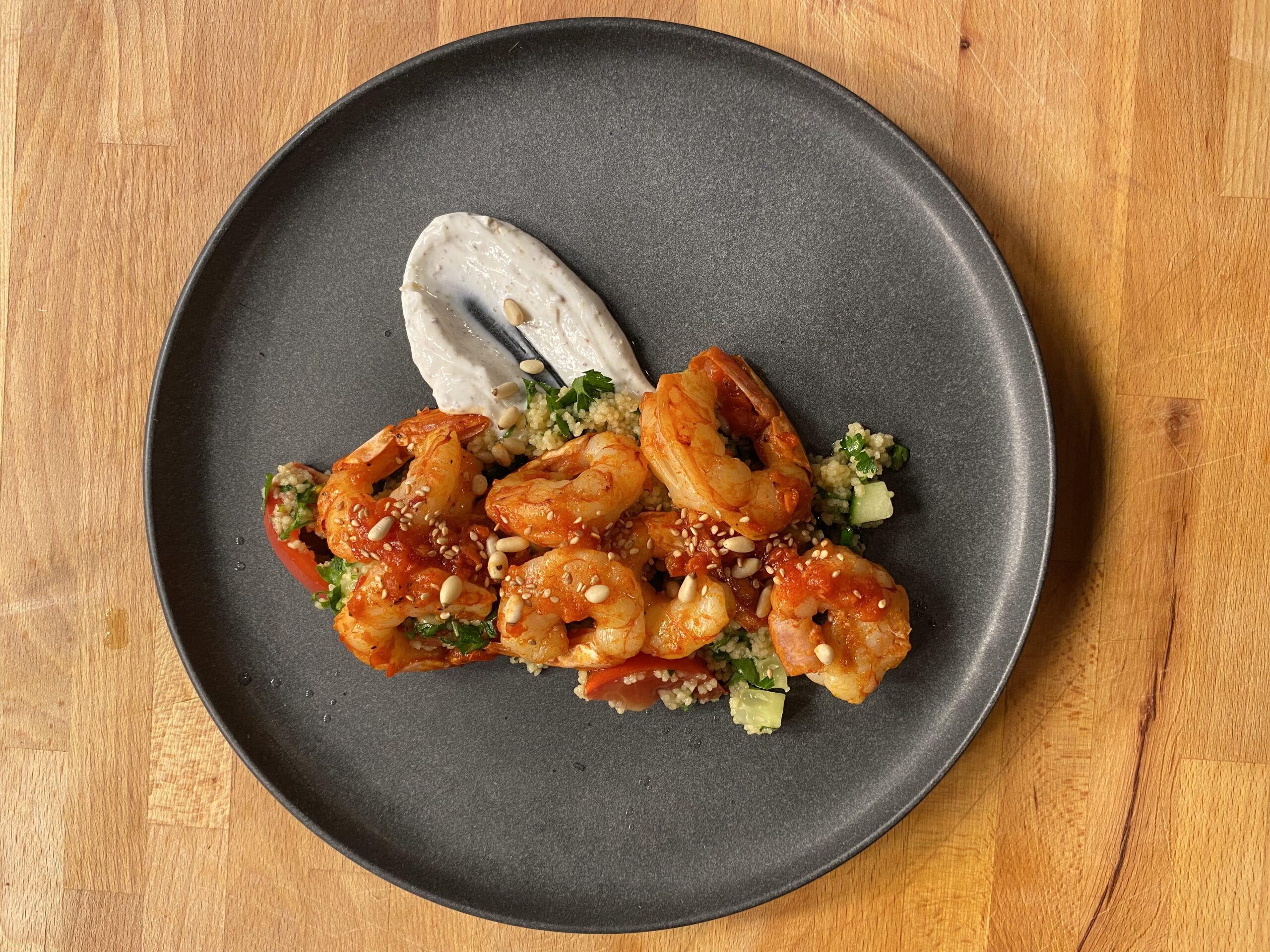 Harissa Argentine Red Shrimp with Couscous Tabbouleh