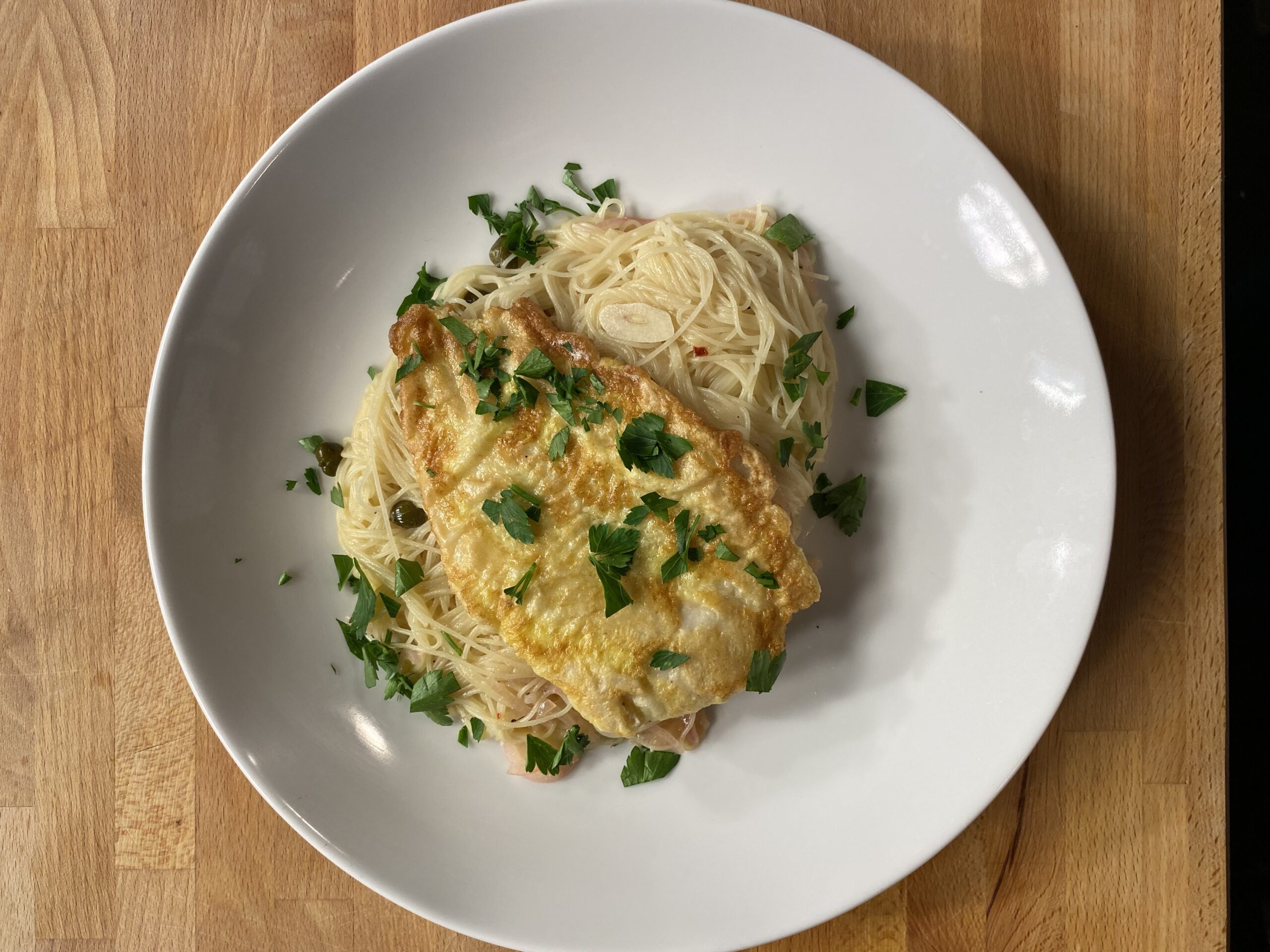 Cape Hake Francaise over Spaghetti