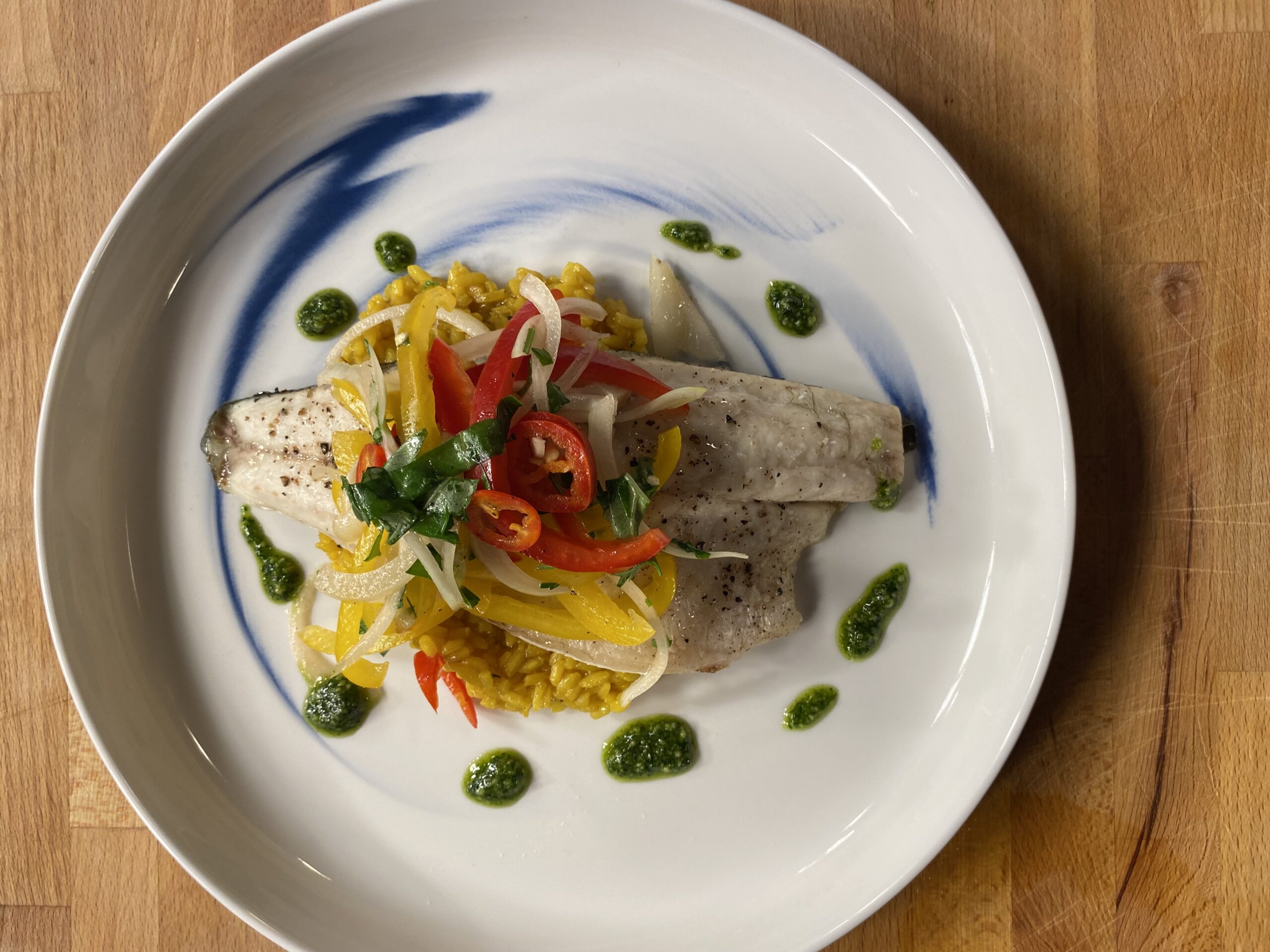 Roasted Branzino with Escabeche & Saffron Rice