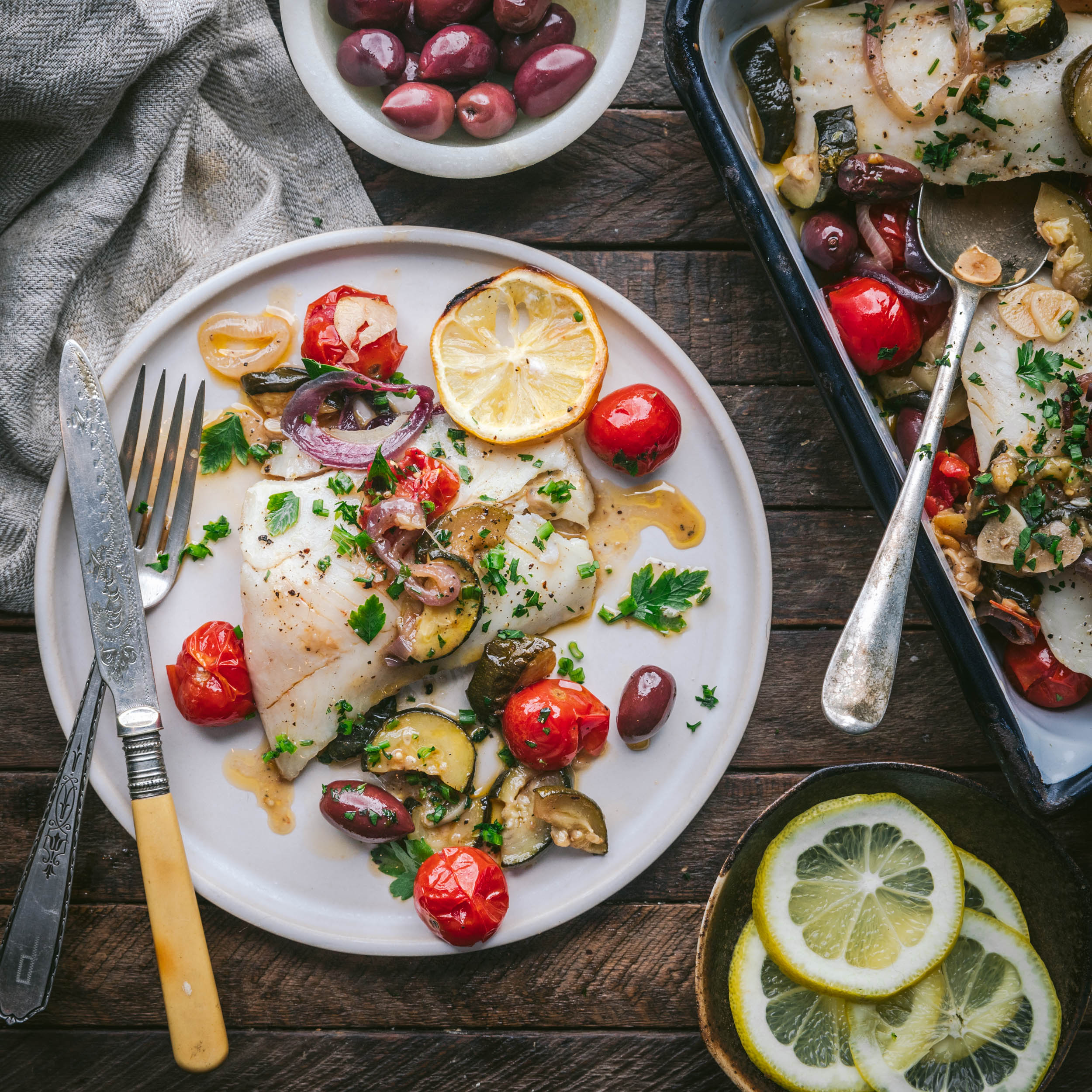 One-pan Roasted Cape Hake with Tomatoes, Zucchini, and Olives