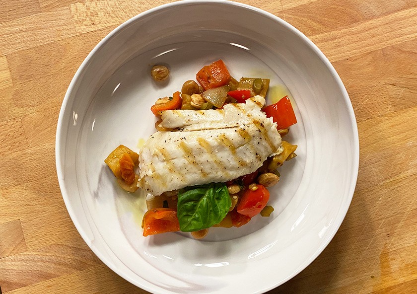 Grilled Cape Hake with Caponata and Toasted Marcona Almonds