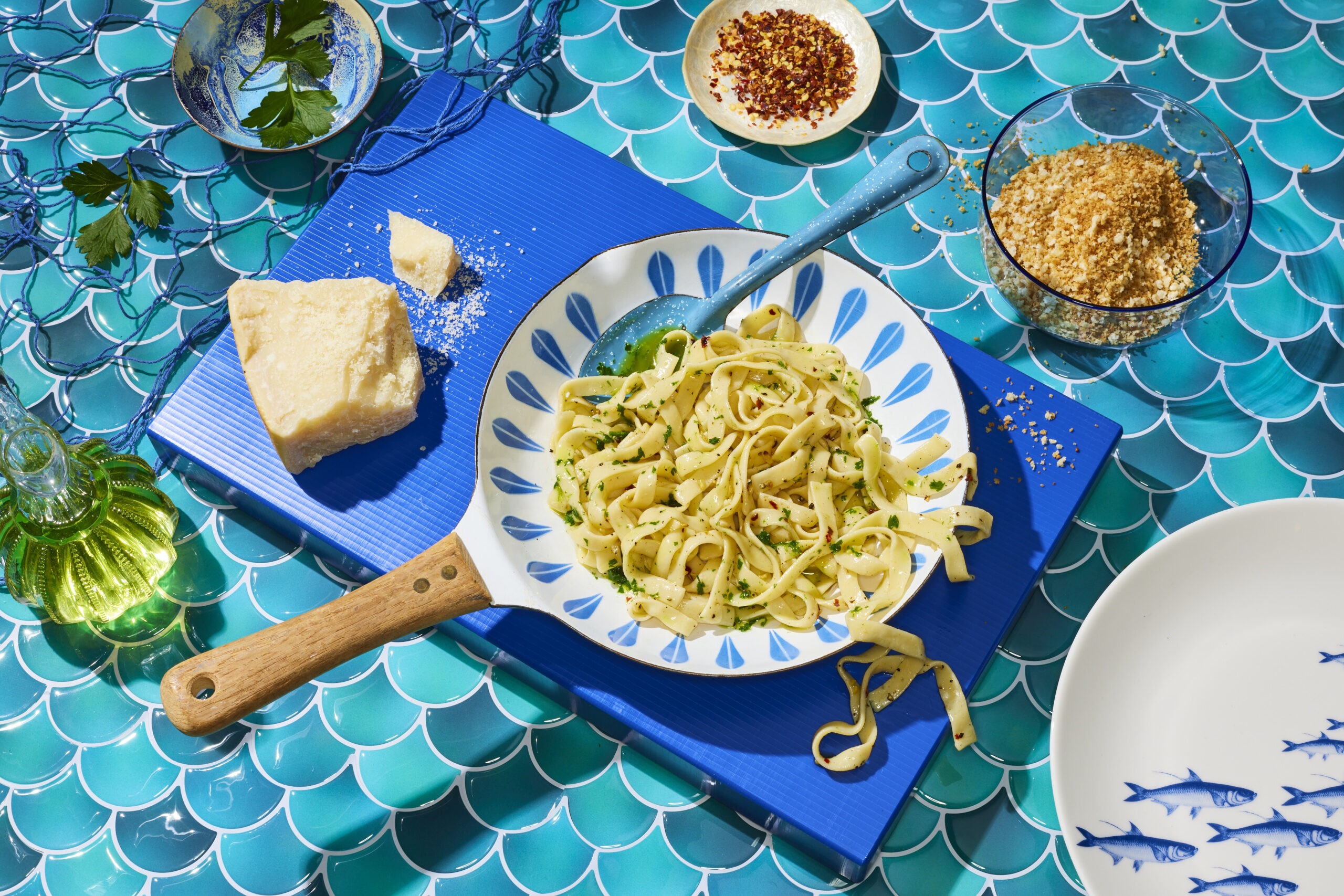 pescanova protein pasta plated on an underwater background