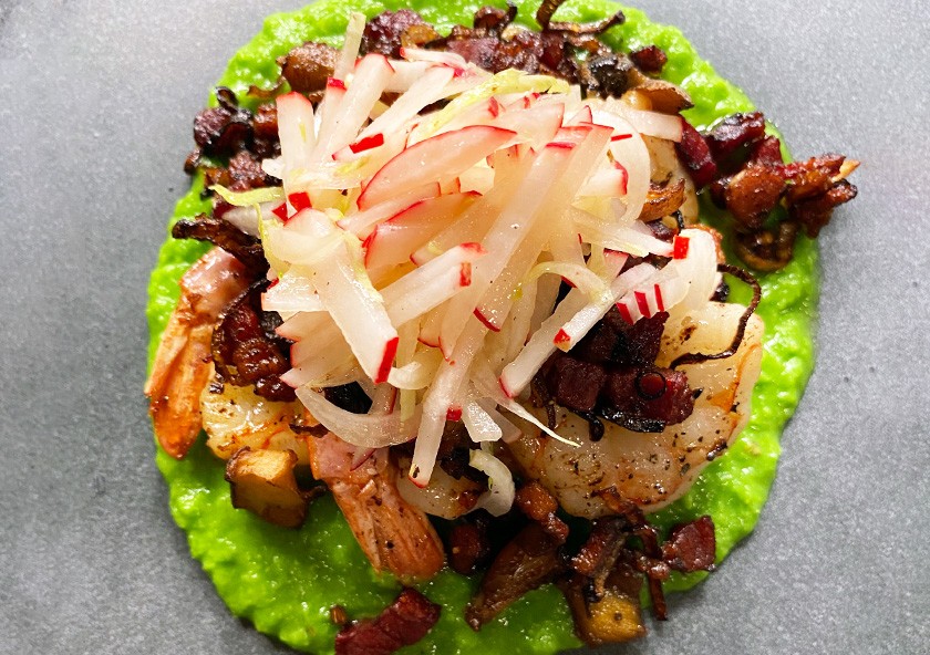 Sauteed Argentine Red Shrimp with Smoked Bacon, Radish & Sweet Pea Puree