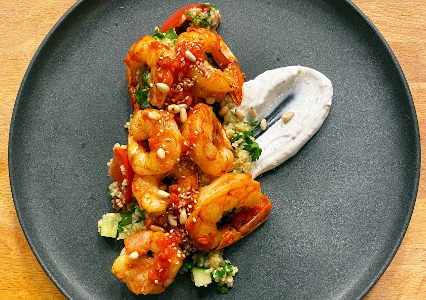Harissa Argentine Red Shrimp with Couscous Tabbouleh