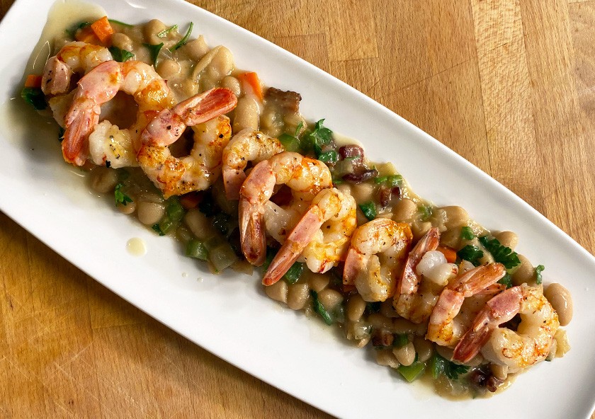 Grilled Argentine Red Shrimp With Charred Lemon Vinaigrette & Stewed White Beans