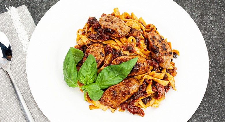 Black Garlic Protein Pasta with Spicy Italian Sausage