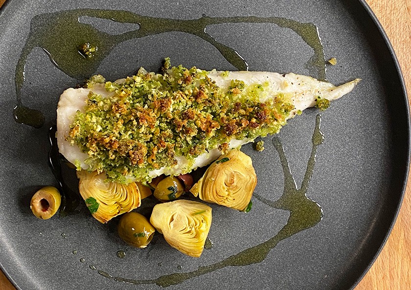 Baked Cape Hake with Pesto Breadcrumbs, Artichoke, Lemon and Olive Salad