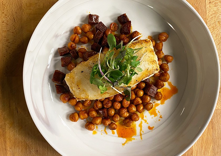 Pan-seared Chilean Sea Bass with Crispy Chickpeas & Chorizo