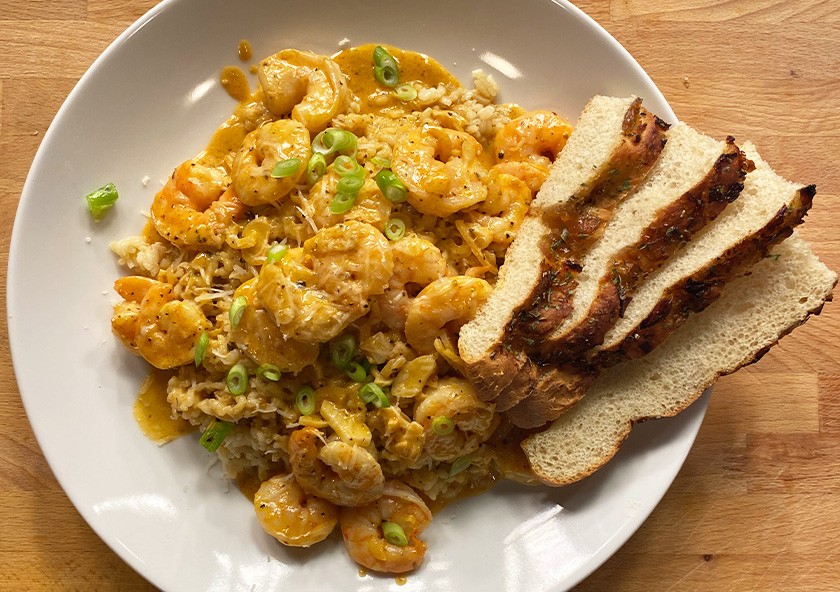 Chipotle Shrimp with Creamy Alfredo & Charred Scallion Rice