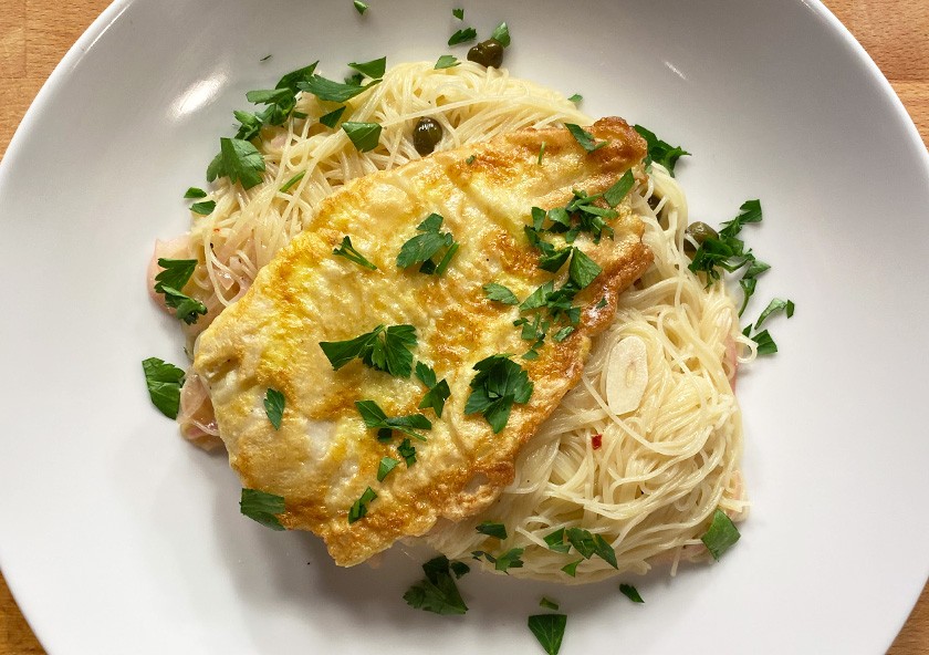 Cape Hake Francaise over Spaghetti