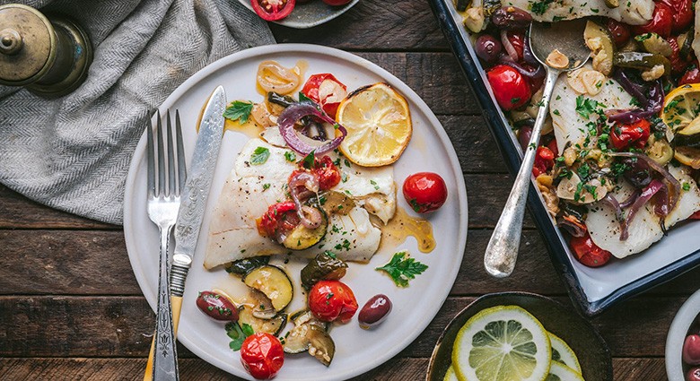 One-pan Roasted Cape Hake with Tomatoes, Zucchini, and Olives