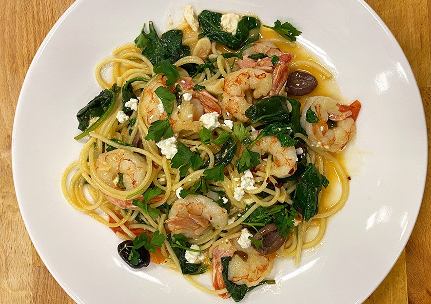 Sauteed Argentine Red Shrimp with Mediterranean Spaghetti