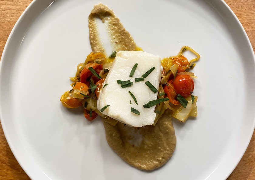 Poached Chilean Sea Bass with Stewed Tomato & Fennel