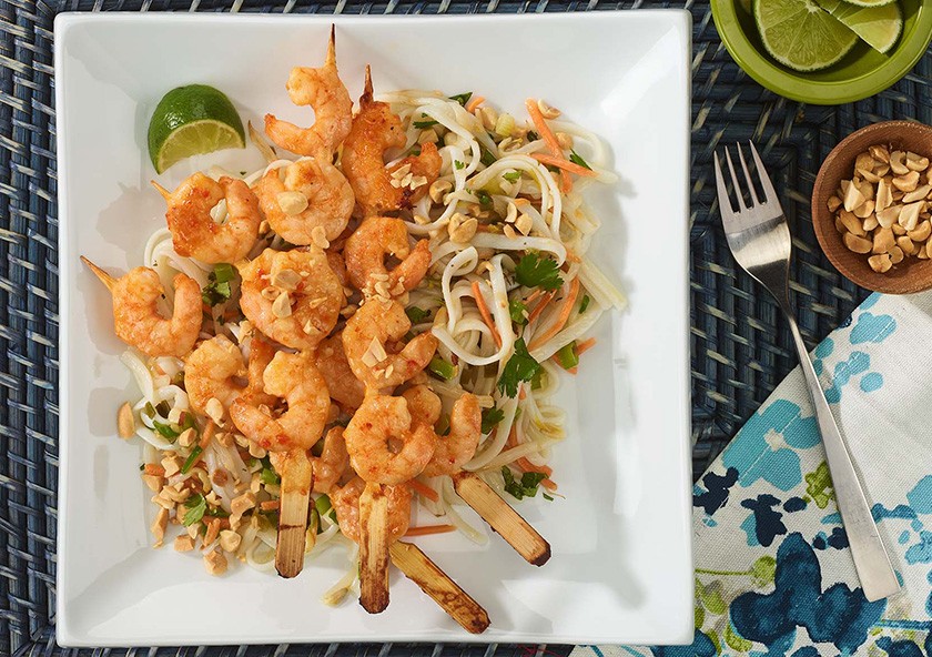 Sweet & Spicy Shrimp Skewers with Noodles