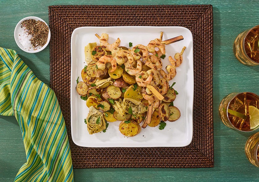 Garlic Butter Shrimp Skewers with Roasted Artichokes & Potatoes