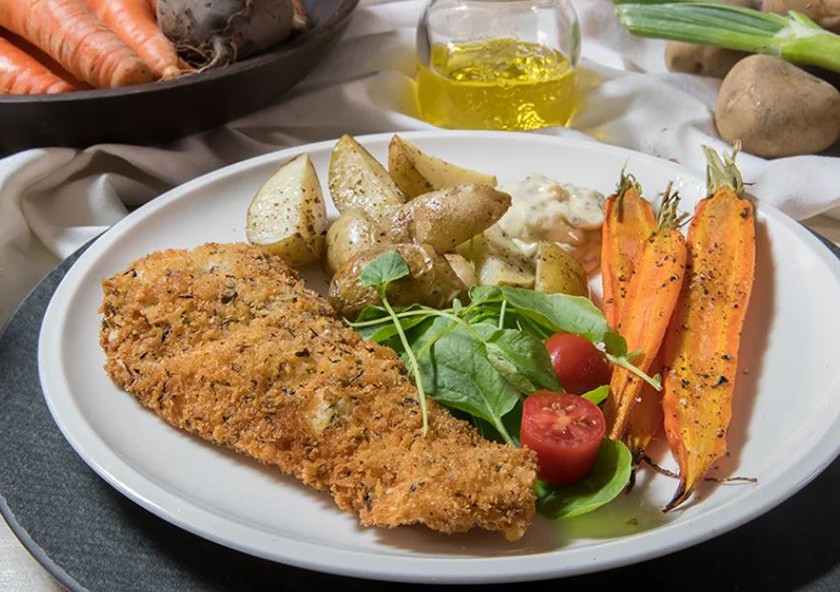 Panko Cape Hake with Roasted Vegetables